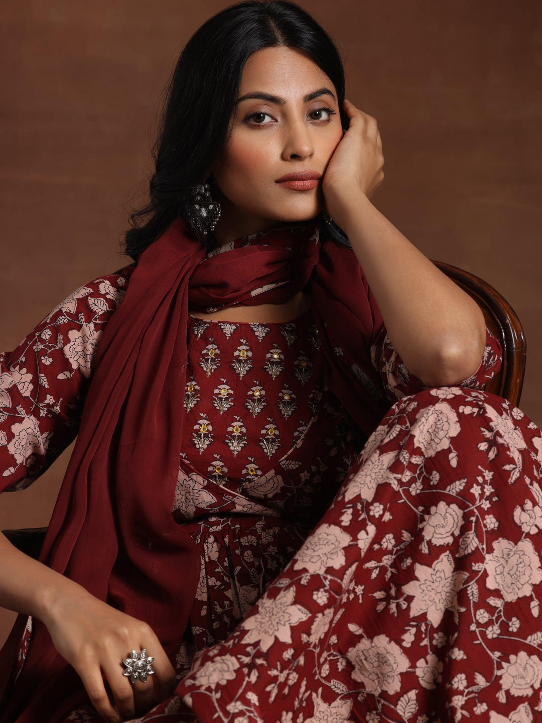 Maroon Printed Pure Cotton Anarkali Suit With Dupatta - Libas 