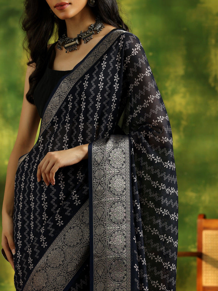 Blue Printed Silk Blend Saree With Unstitched Blouse Piece - Libas