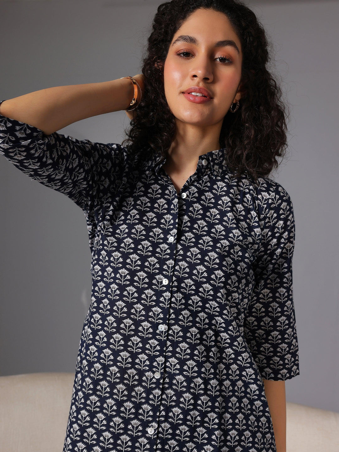 Navy Blue Printed Cotton Night Suits - Libas 