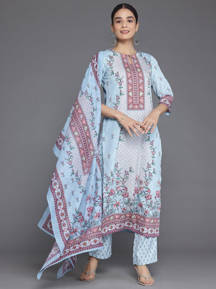 Blue Printed Poly Crepe Straight Suit With Dupatta - Libas