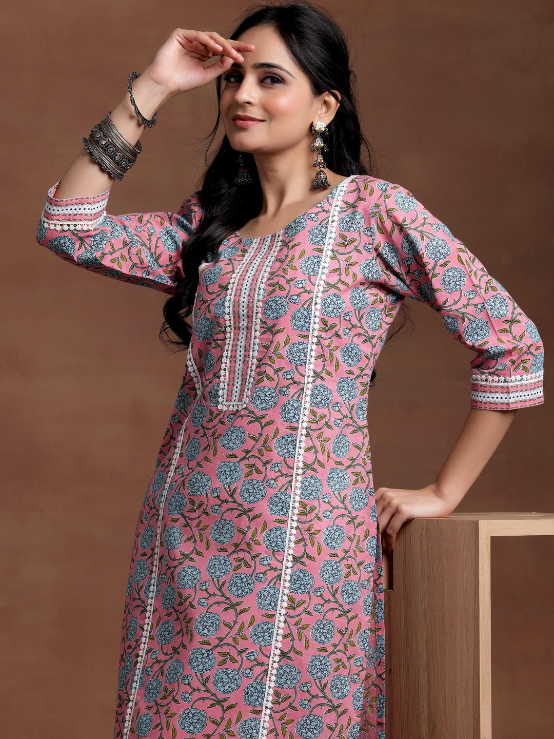 Pink Printed Cotton Straight Kurta - Libas 