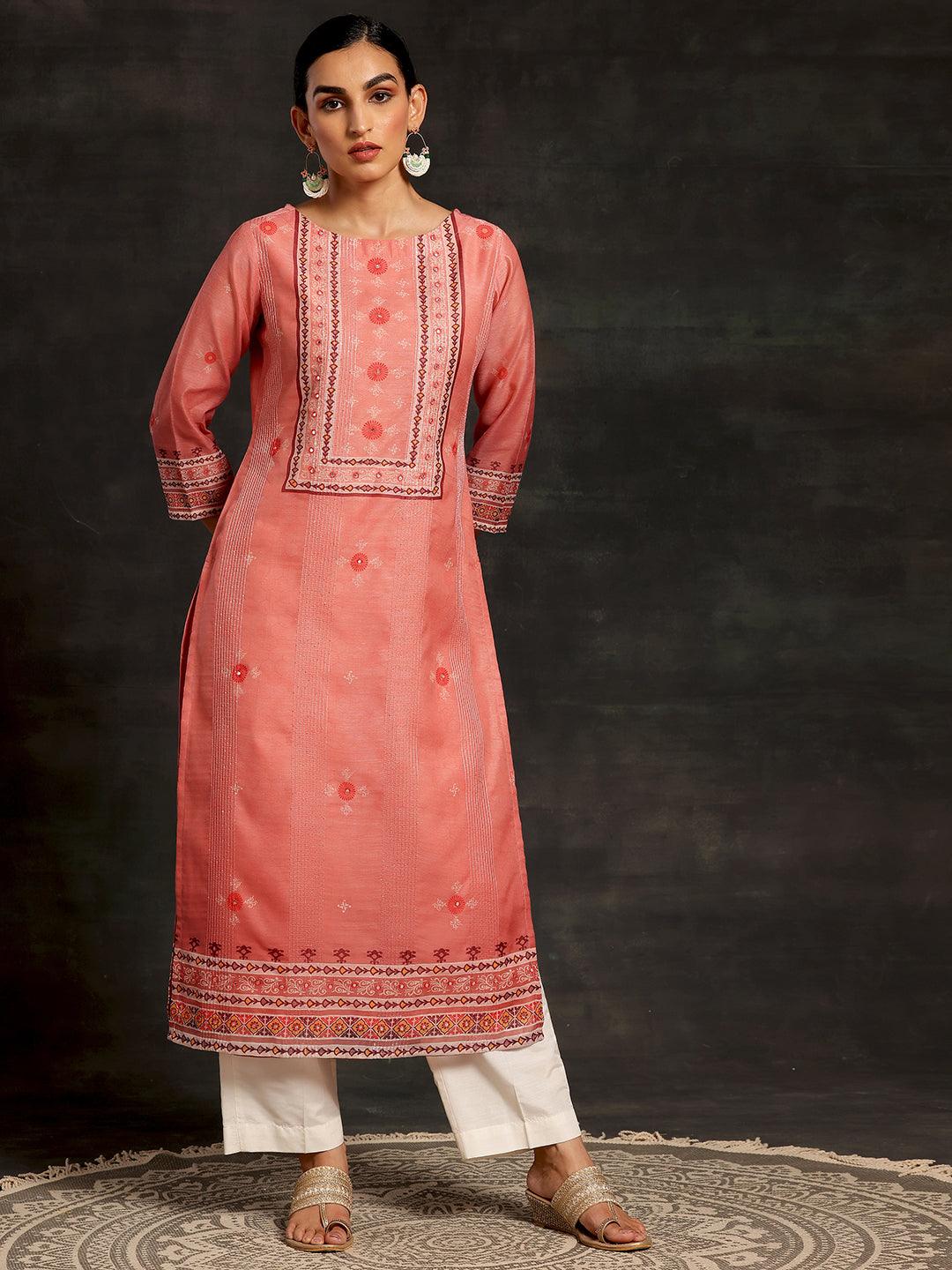 Pink Printed Chanderi Silk Straight Kurta - Libas