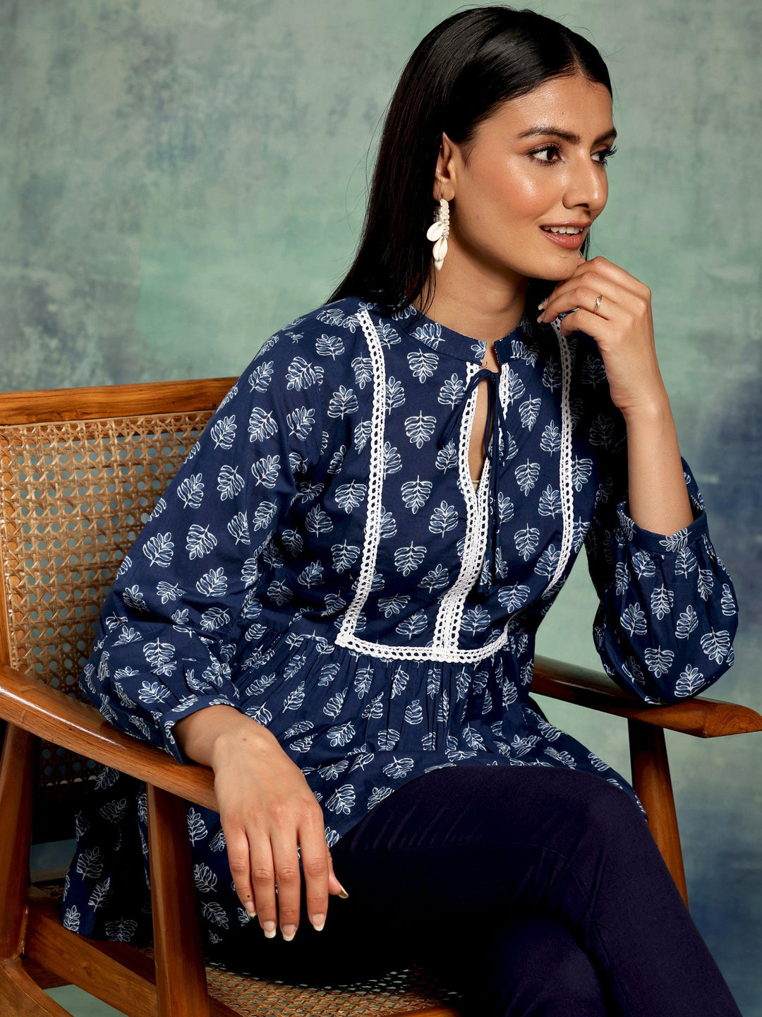 Blue Yoke Design Cotton A-Line Kurti - Libas