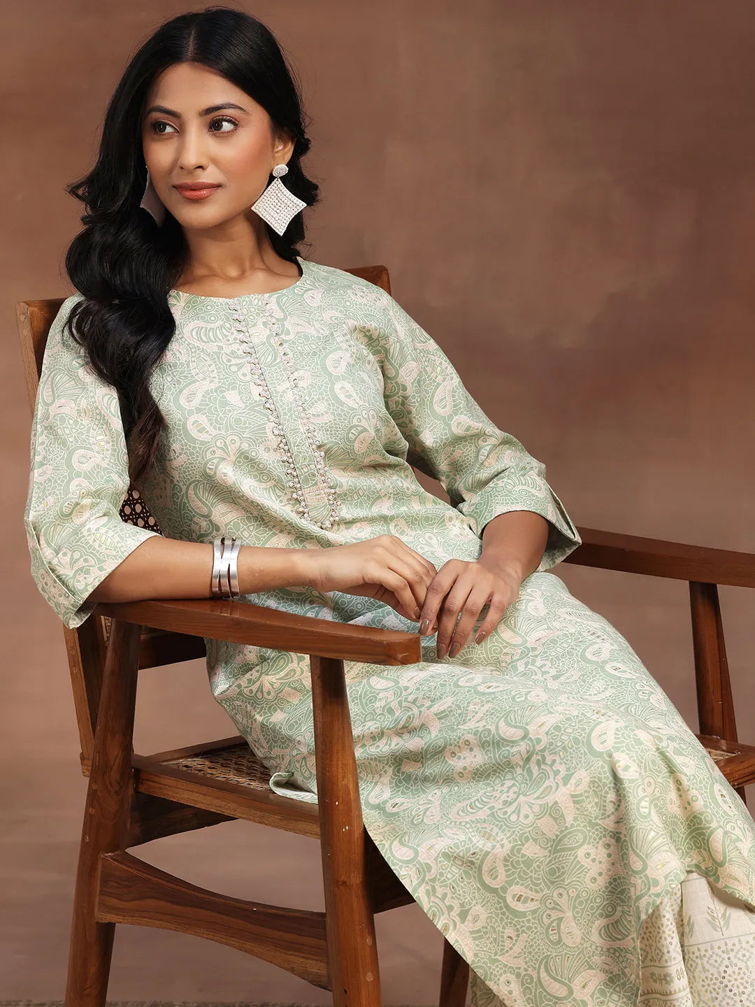  Green Printed Cotton Blend Straight Kurta With Palazzos 