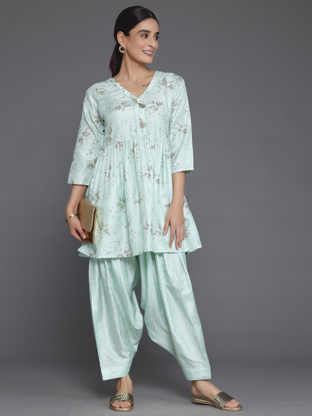 Sea Green Printed Silk Blend A-Line Kurta With Salwar - Libas