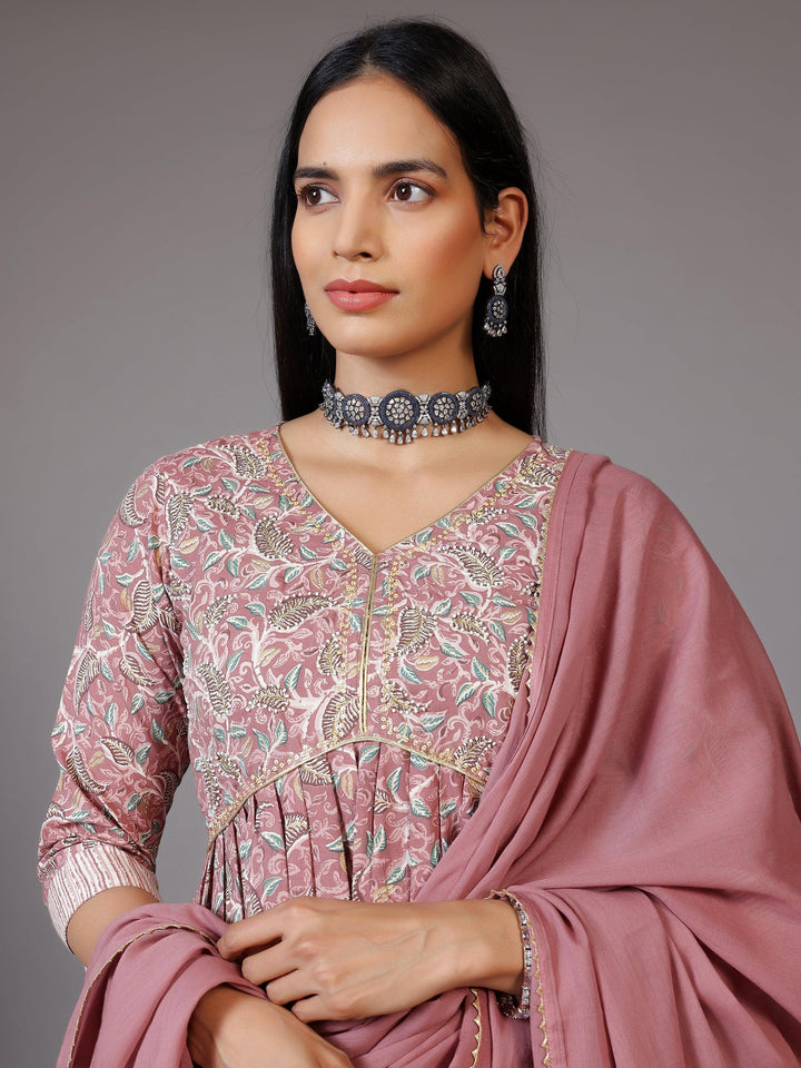 Pink Printed Cotton Anarkali Suit With Dupatta - Libas