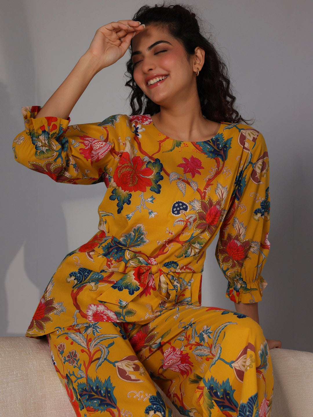 Mustard Printed Cotton Night Suits - Libas 