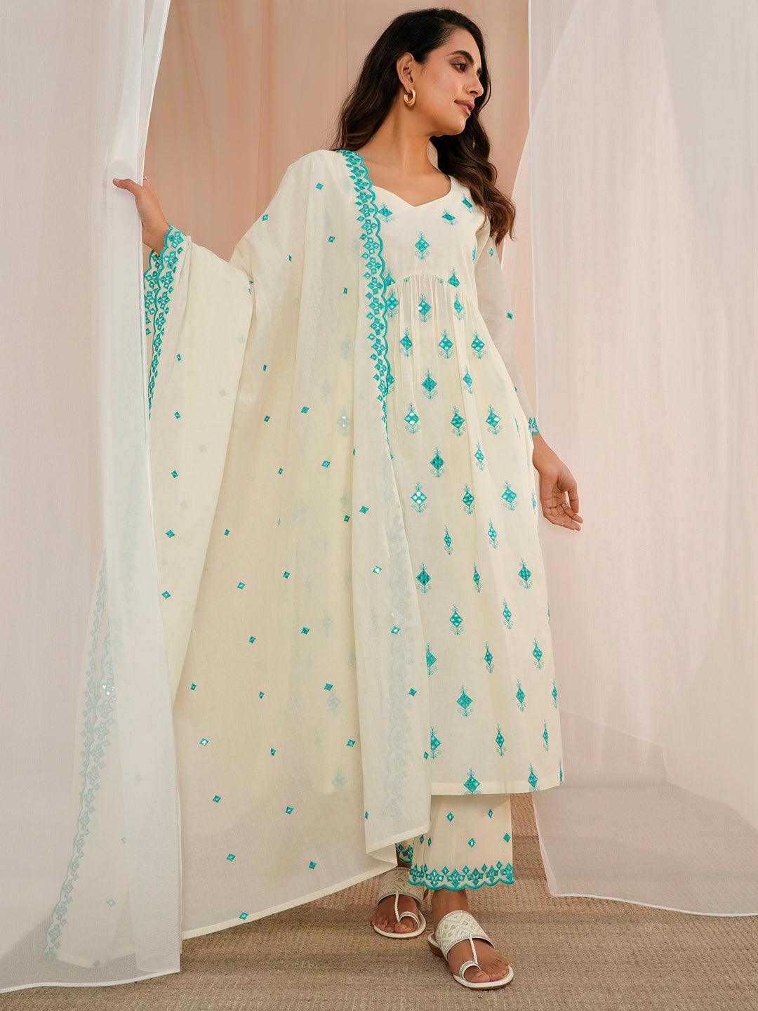 Off White Embroidered Cotton Anarkali Suit With Dupatta - Libas 