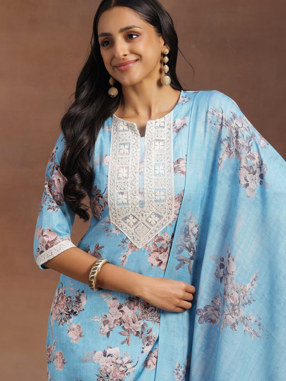 Blue Printed Cotton Straight Suit With Dupatta - Libas 