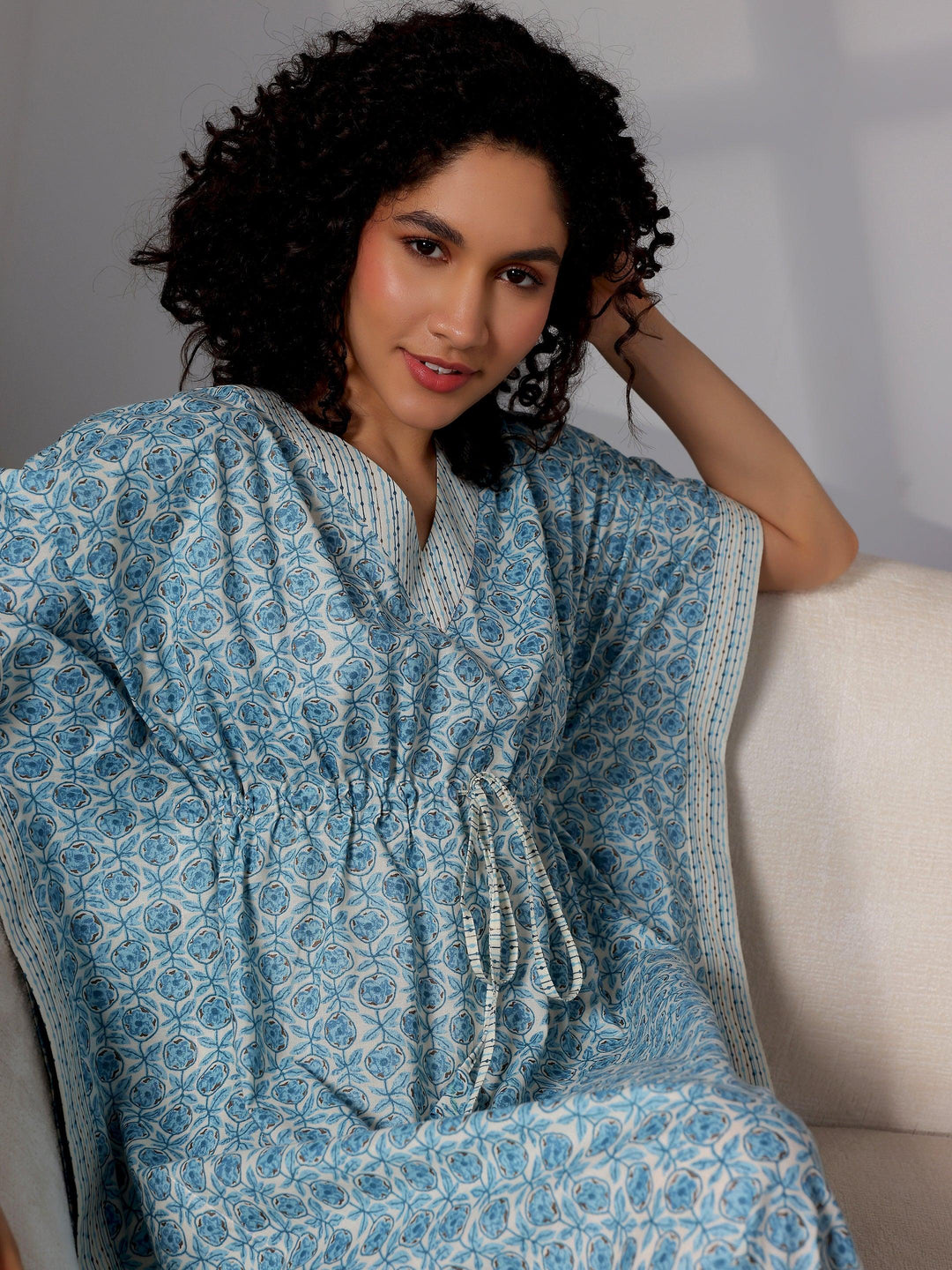 Blue Printed Cotton Kaftan Night Dress - Libas