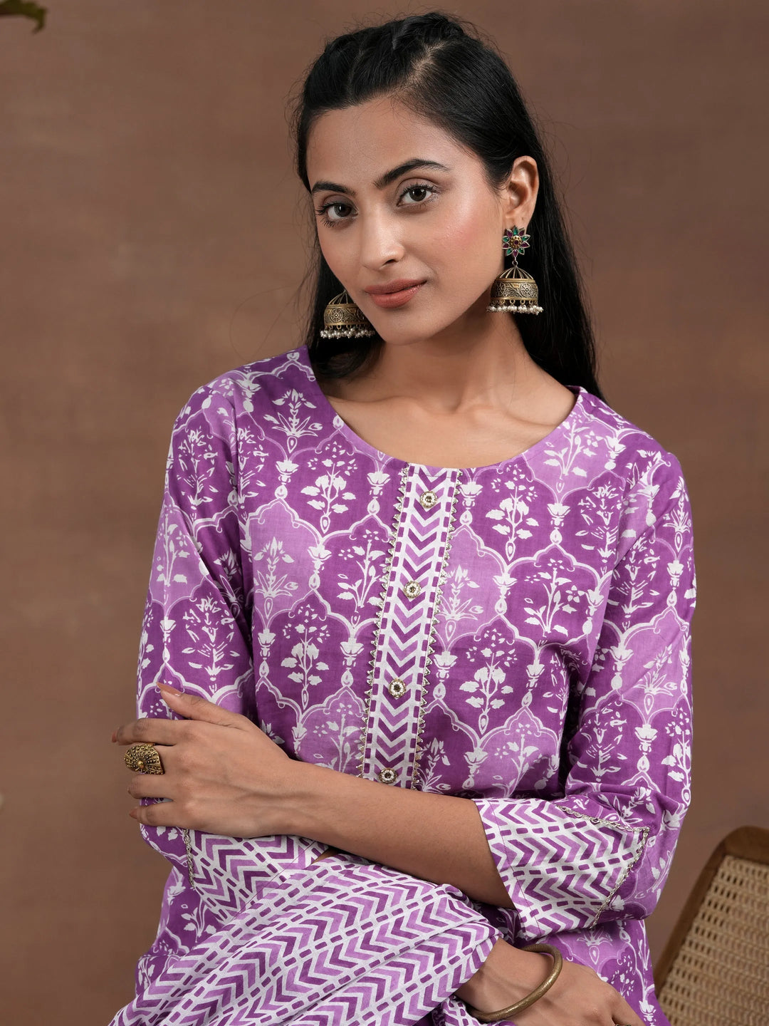  Purple Cotton Printed Straight Kurta 