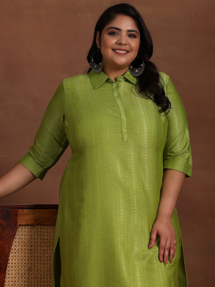 Plus Size Green Woven Design Cotton Straight Kurta - Libas