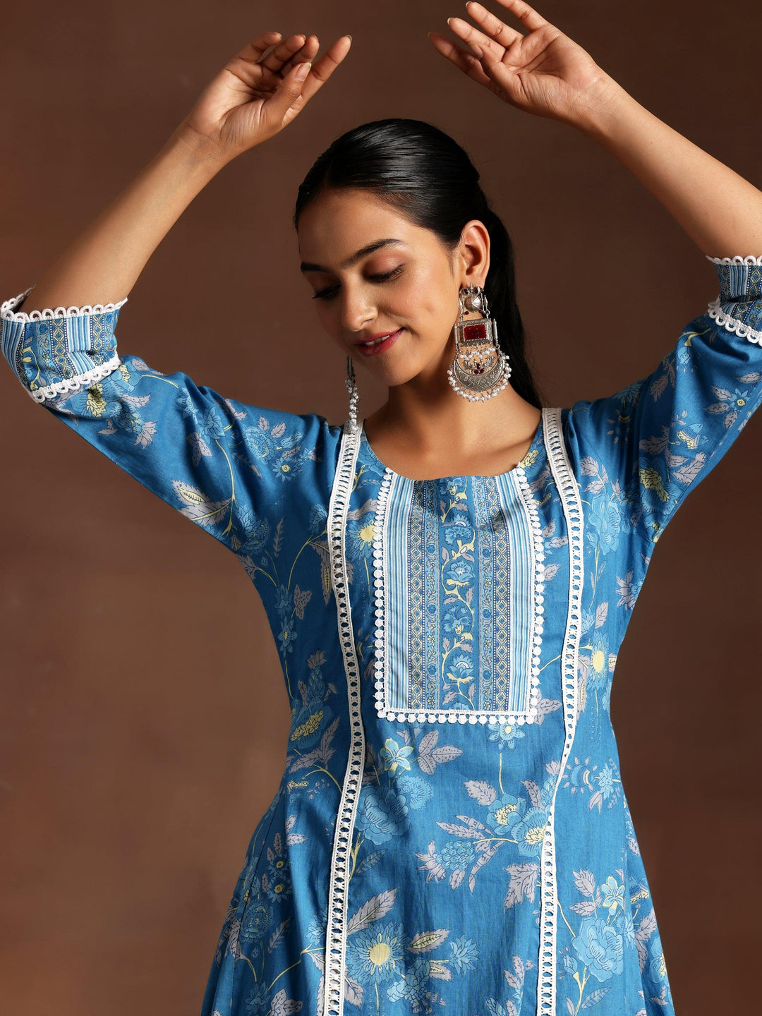 Blue Printed Cotton A-Line Kurta With Palazzos - Libas 