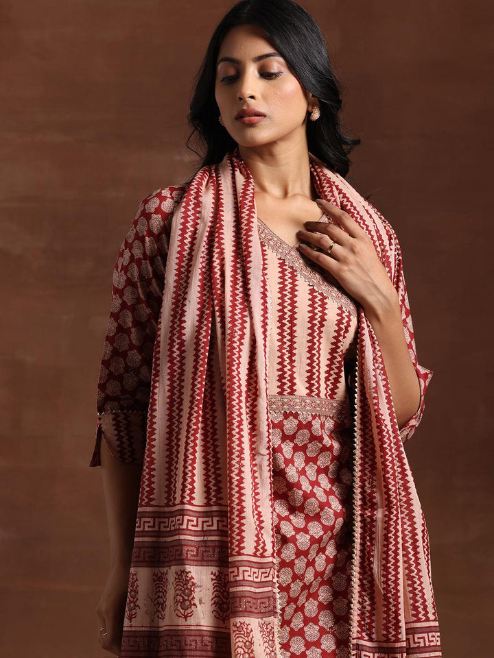 Maroon Printed Cotton Straight Suit With Dupatta - Libas