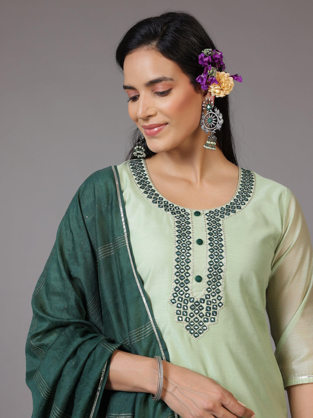 Green Yoke Design Chanderi Silk Straight Kurta With Trousers & Dupatta - Libas