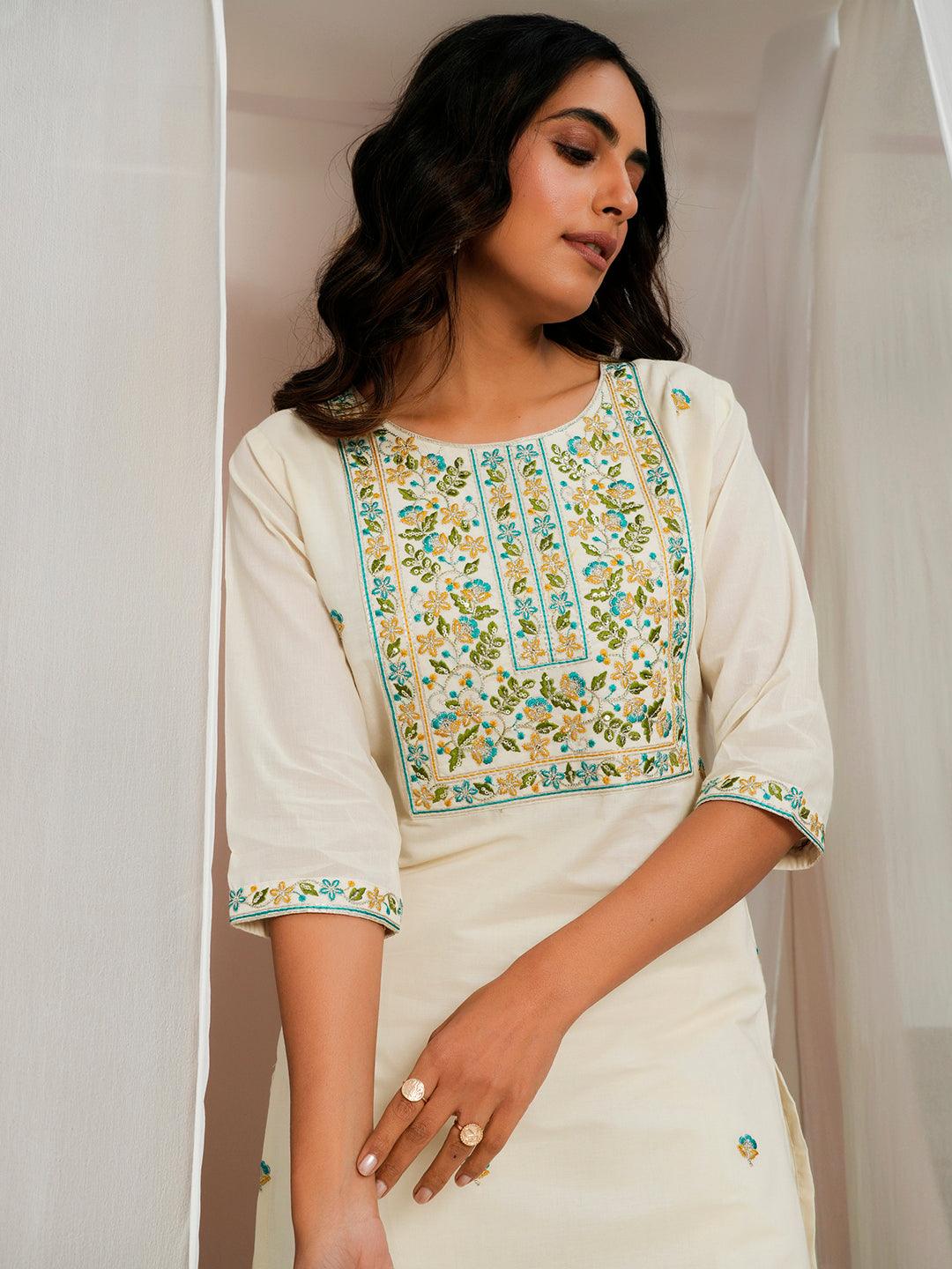 Off White Embroidered Cotton Straight Kurta - Libas 