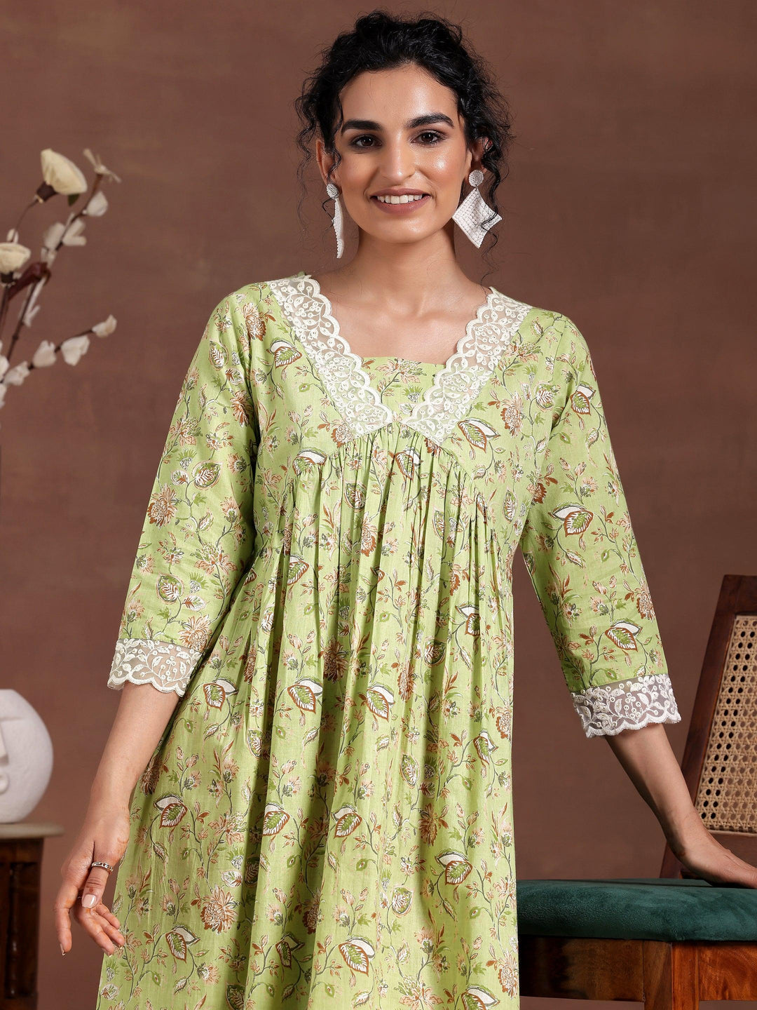 Green Printed Cotton Fit and Flare Dress - Libas 