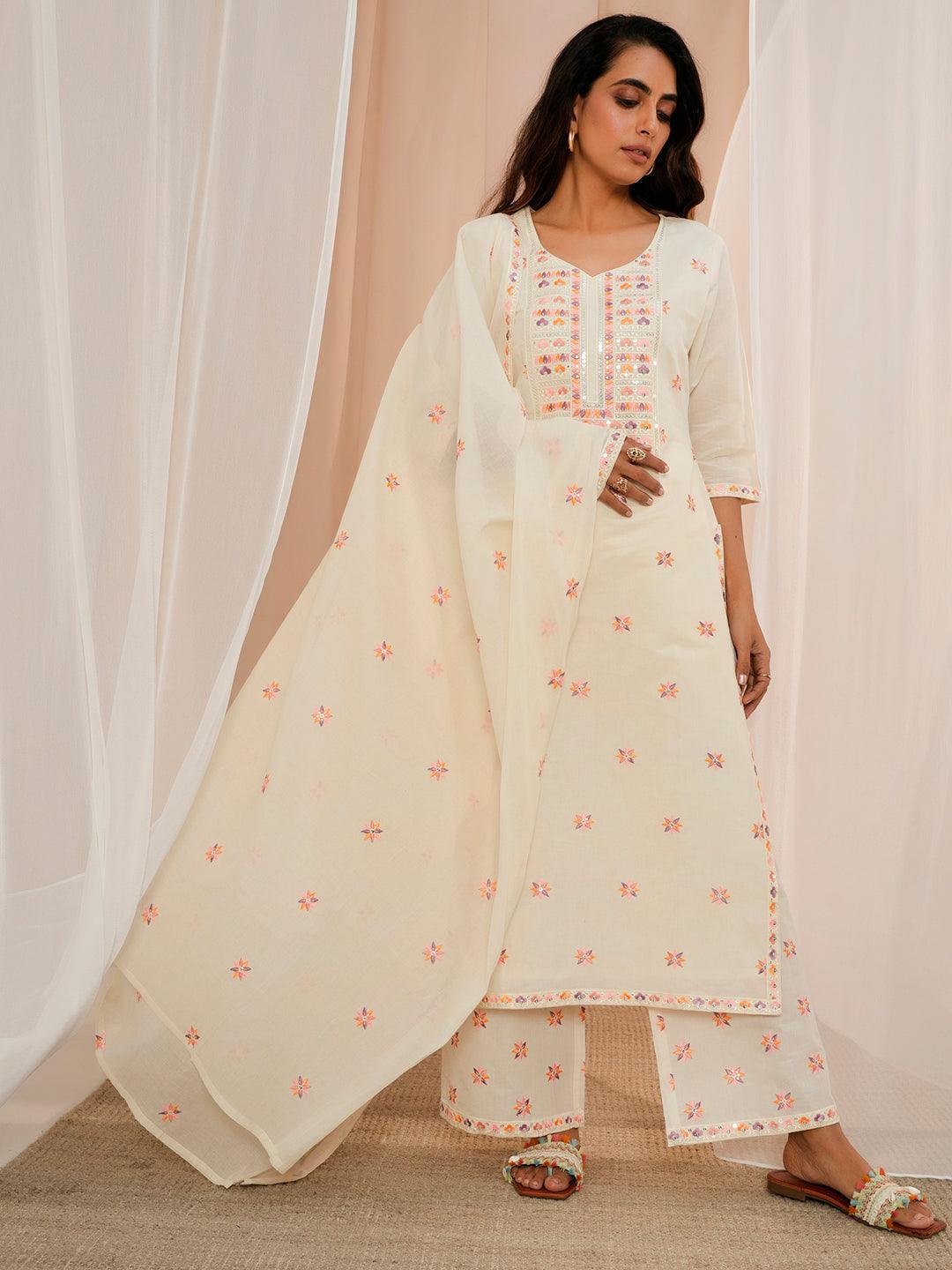 Off White Embroidered Cotton Straight Suit With Dupatta - Libas 