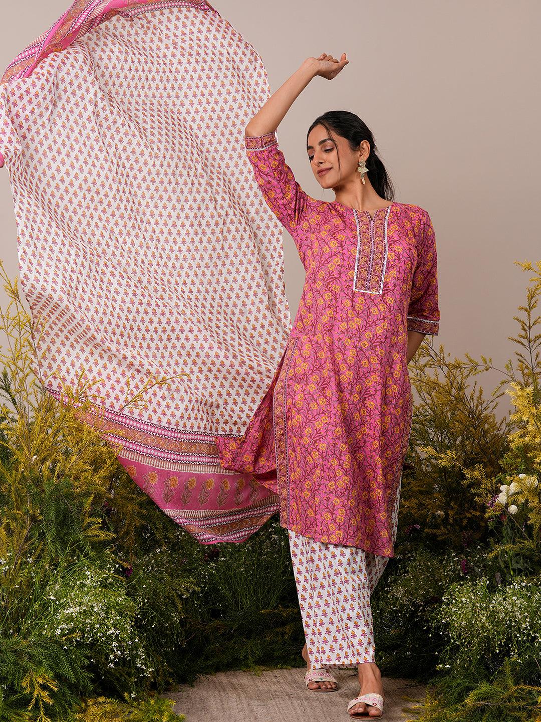 Pink Printed Cotton Straight Suit With Dupatta - Libas 