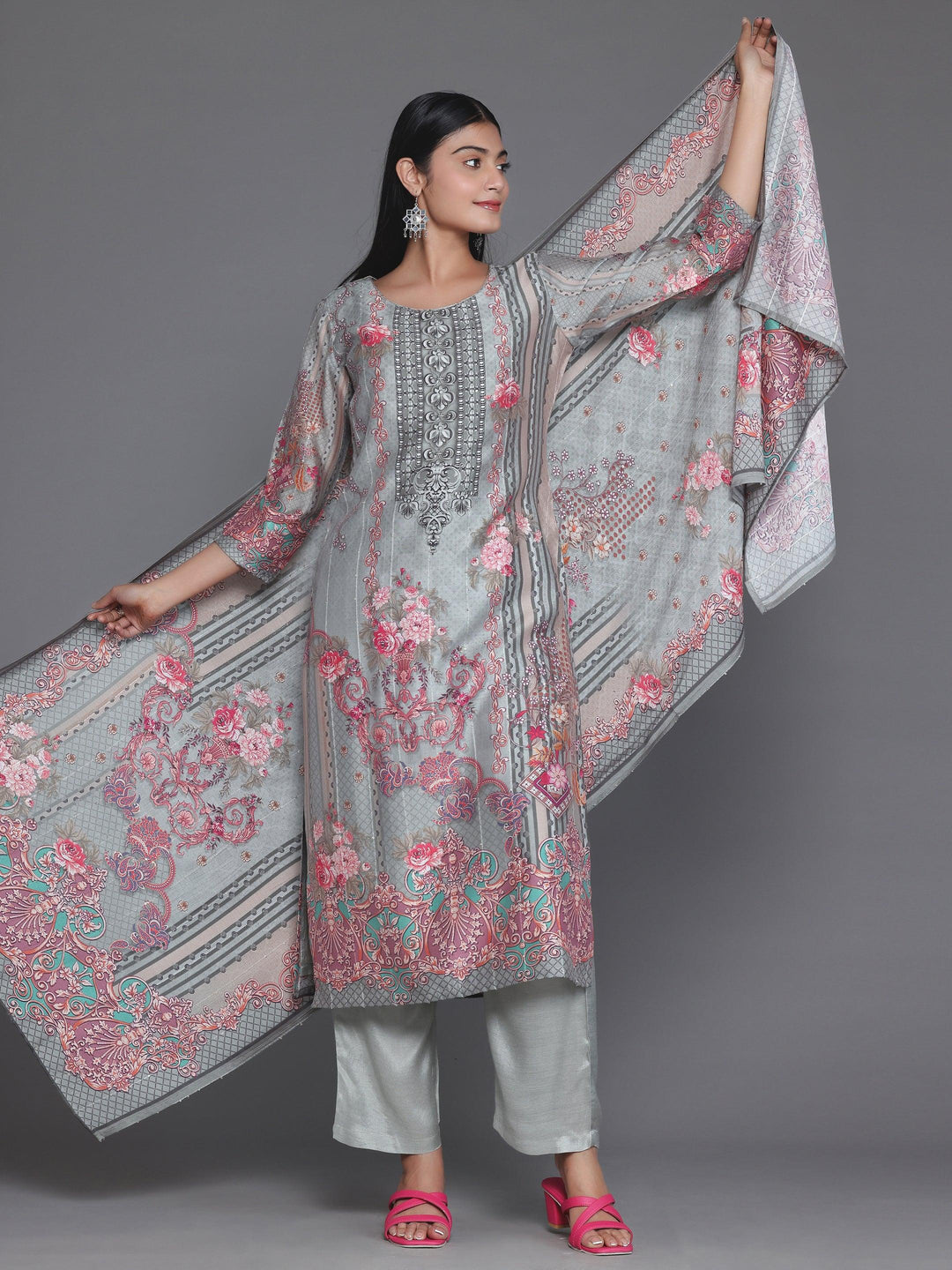 Grey Printed Silk Blend Straight Suit With Dupatta - Libas