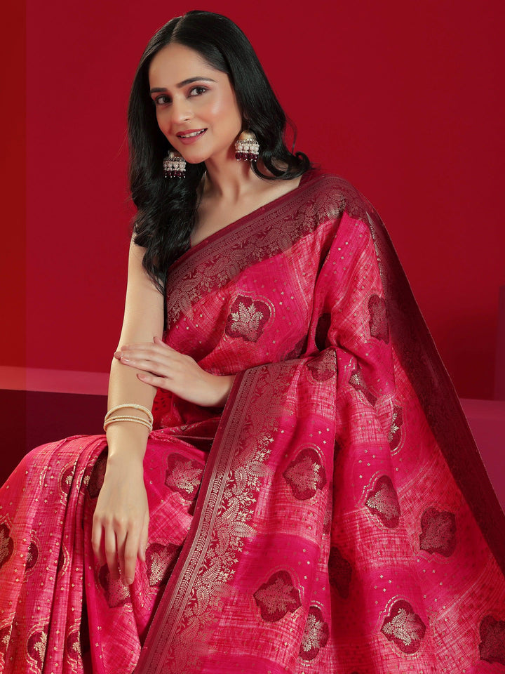 Libas Art Pink Woven Design Satin Saree With Unstitched Blouse Piece - Libas