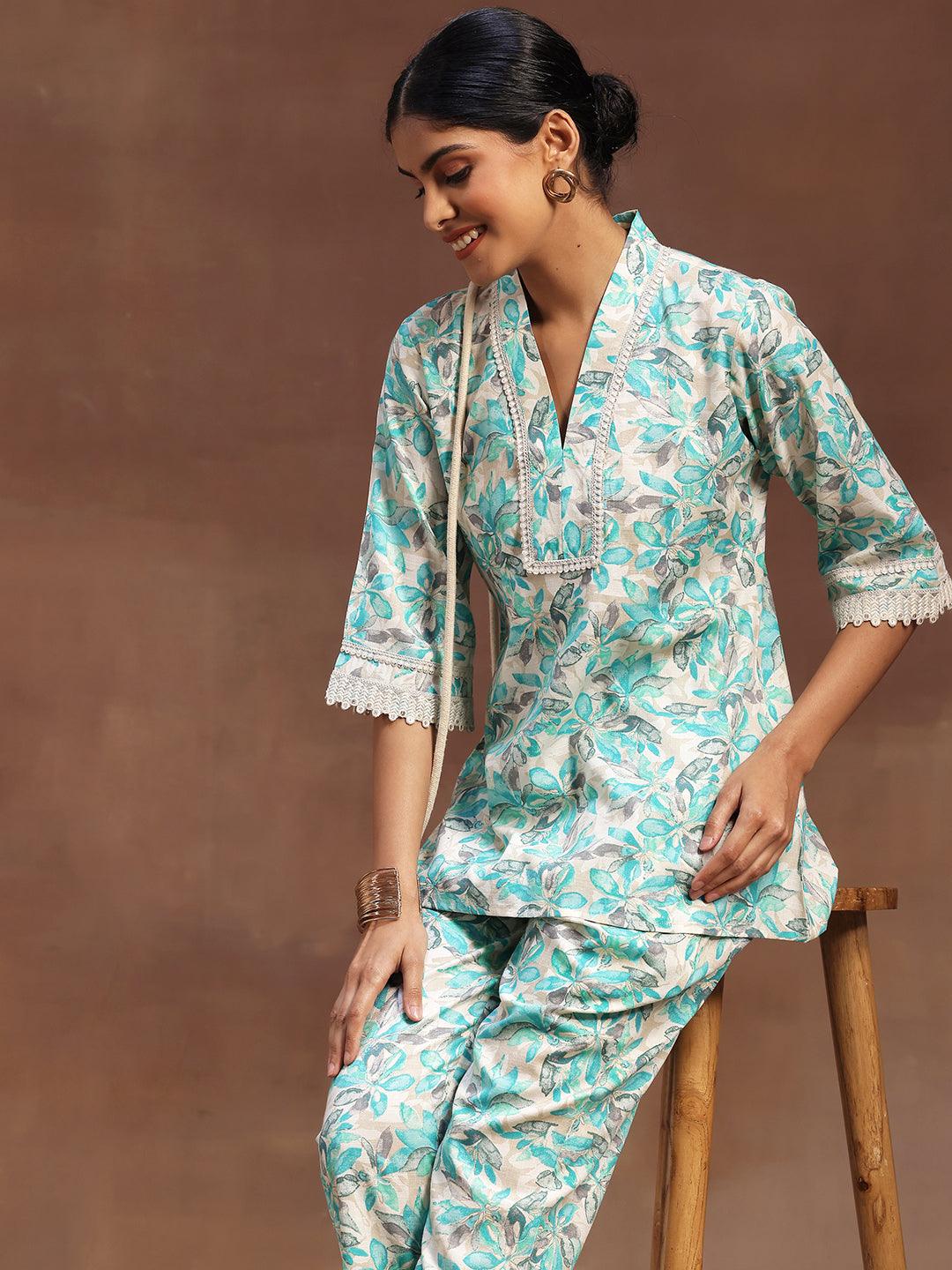 Turquoise Printed Cotton Blend Co-Ords - Libas 