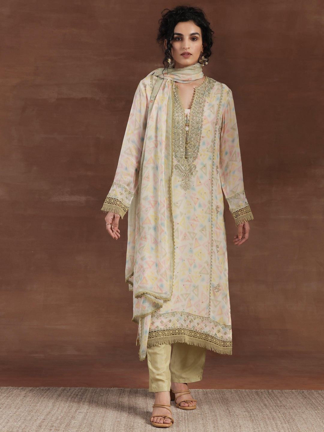 Olive Embroidered Organza Straight Suit With Dupatta - Libas 