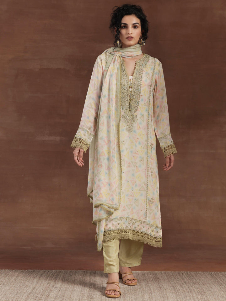 Olive Embroidered Organza Straight Suit With Dupatta - Libas