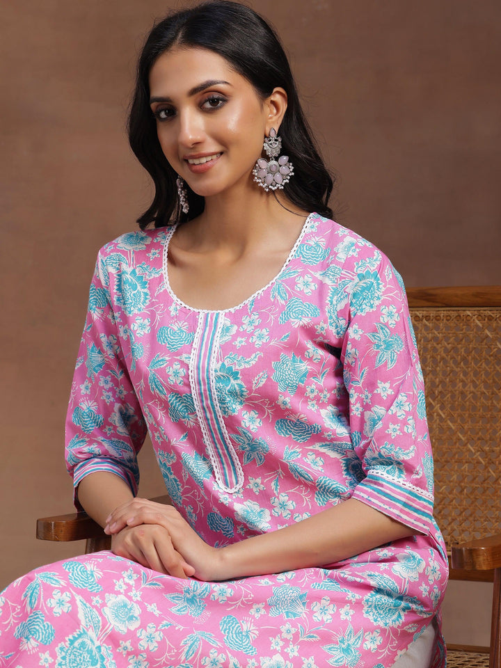 Pink Printed Cotton Straight Kurta - Libas