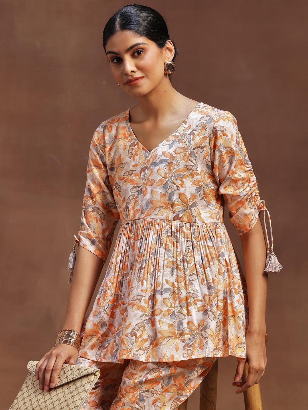 Orange Printed Cotton Blend Co-Ords - Libas 