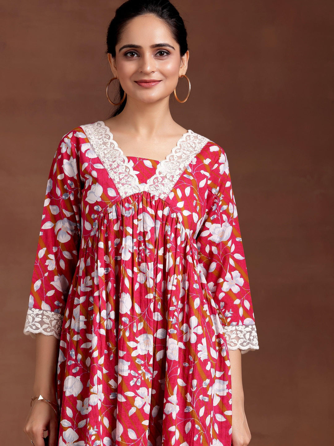 Pink Printed Cotton A-Line Dress - Libas