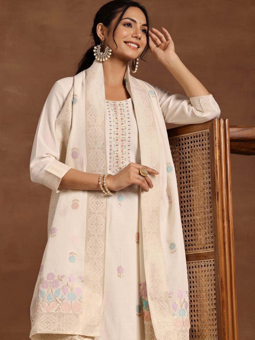 Off White Woven Design Linen Straight Suit With Dupatta - Libas