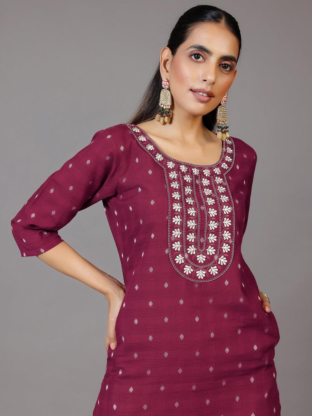 Maroon Embroidered Cotton Straight Kurta - Libas 