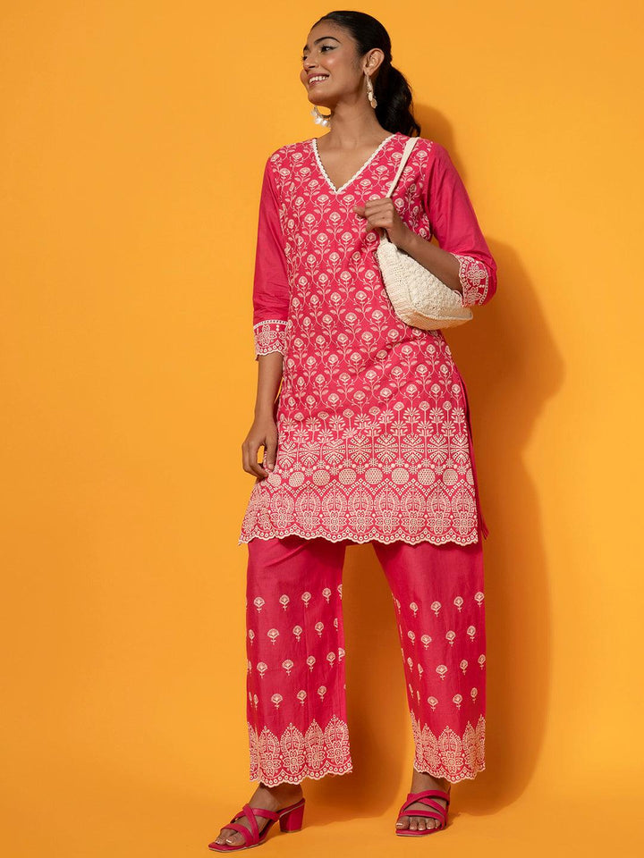 Pink Embroidered Cotton Co-Ords - Libas
