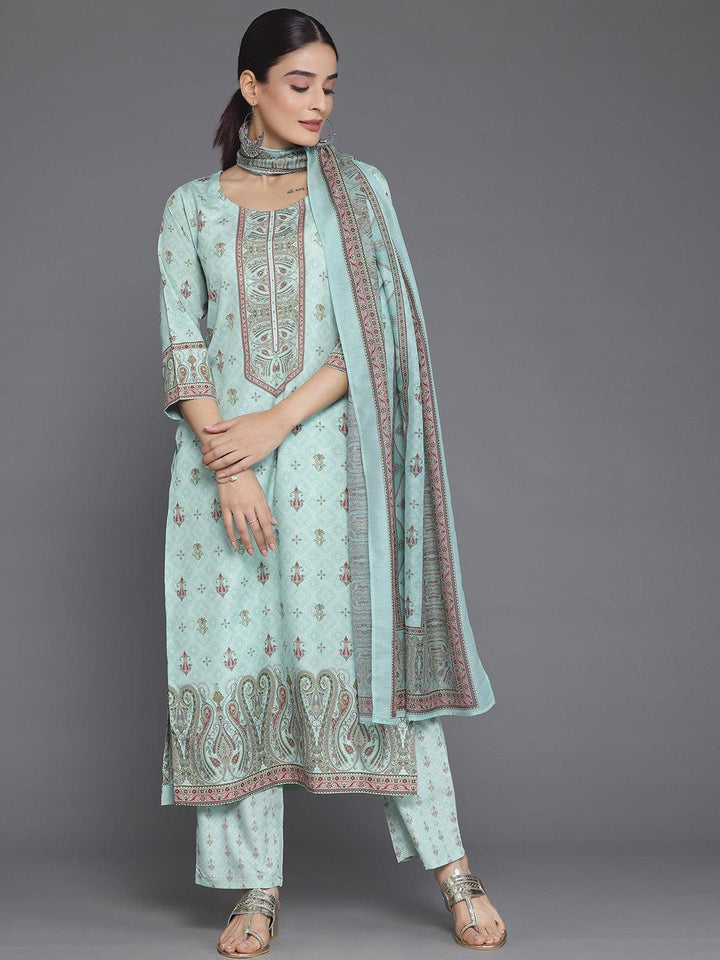 Green Printed Poly Crepe Straight Suit With Dupatta - Libas