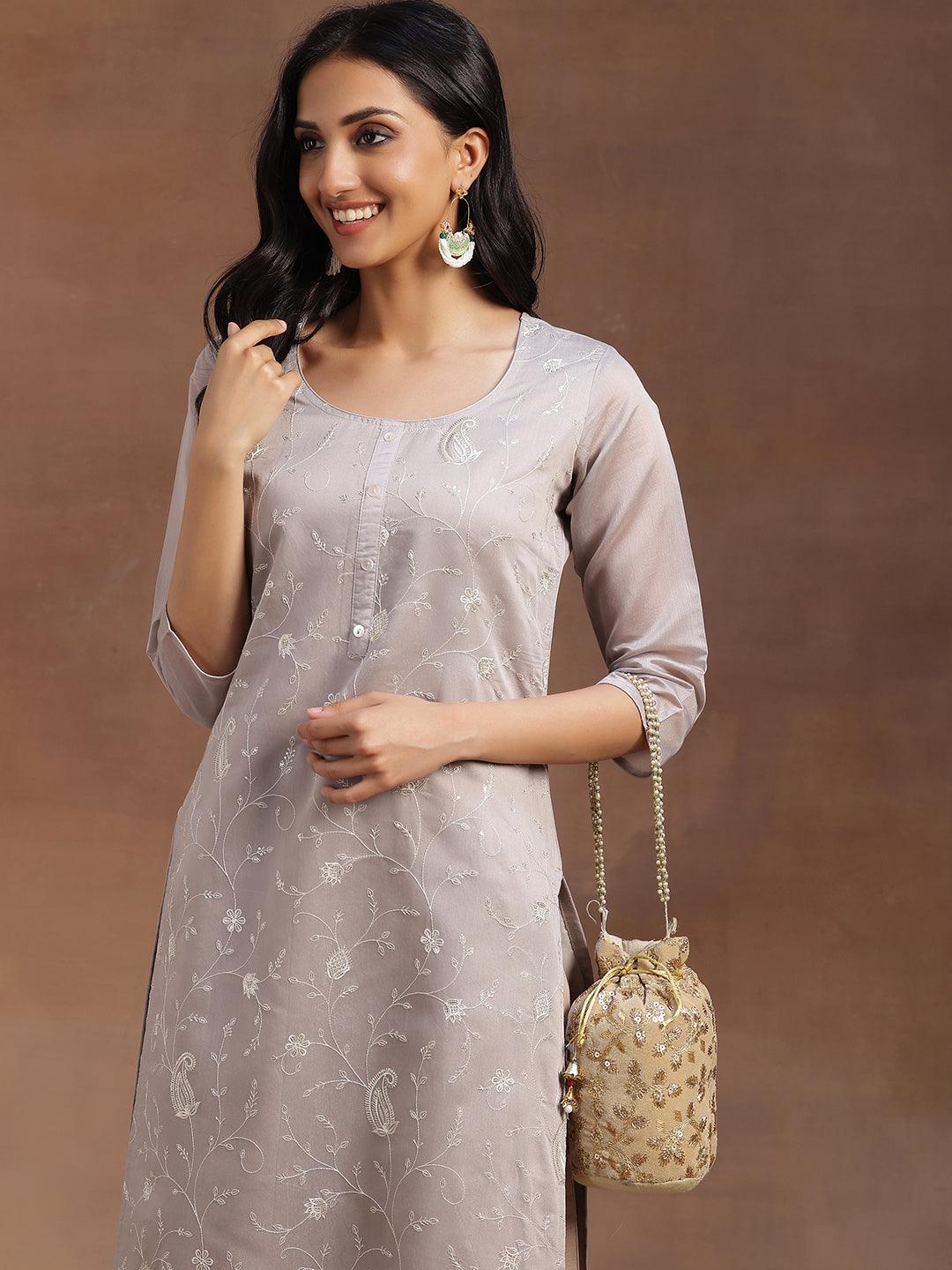 Grey Embroidered Chanderi Silk Straight Kurta - Libas 