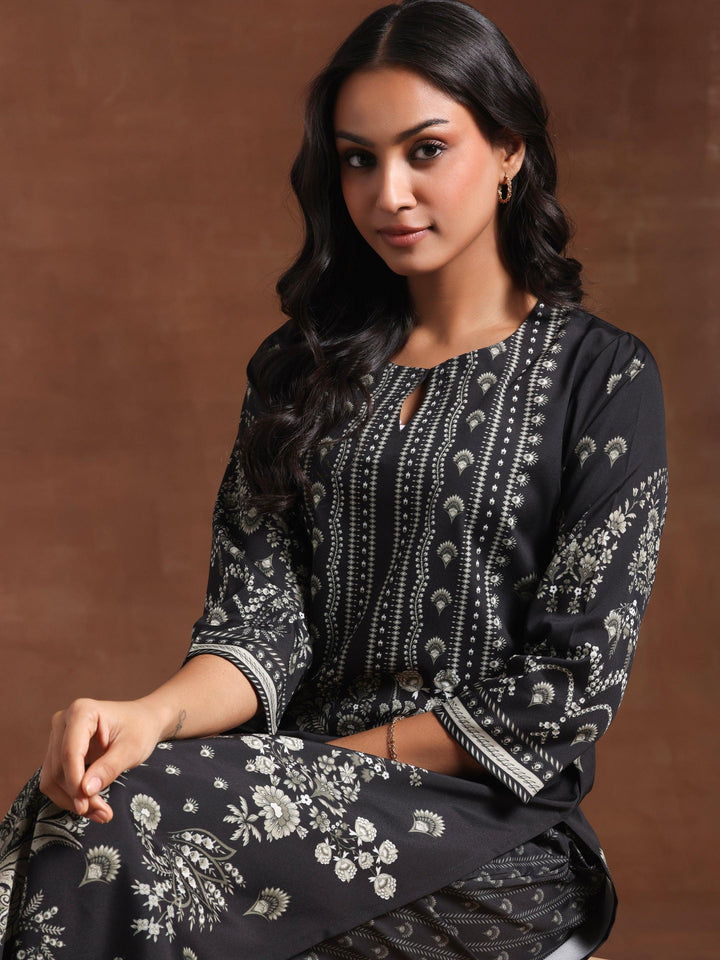 Black Printed Crepe Straight Kurta Set - Libas