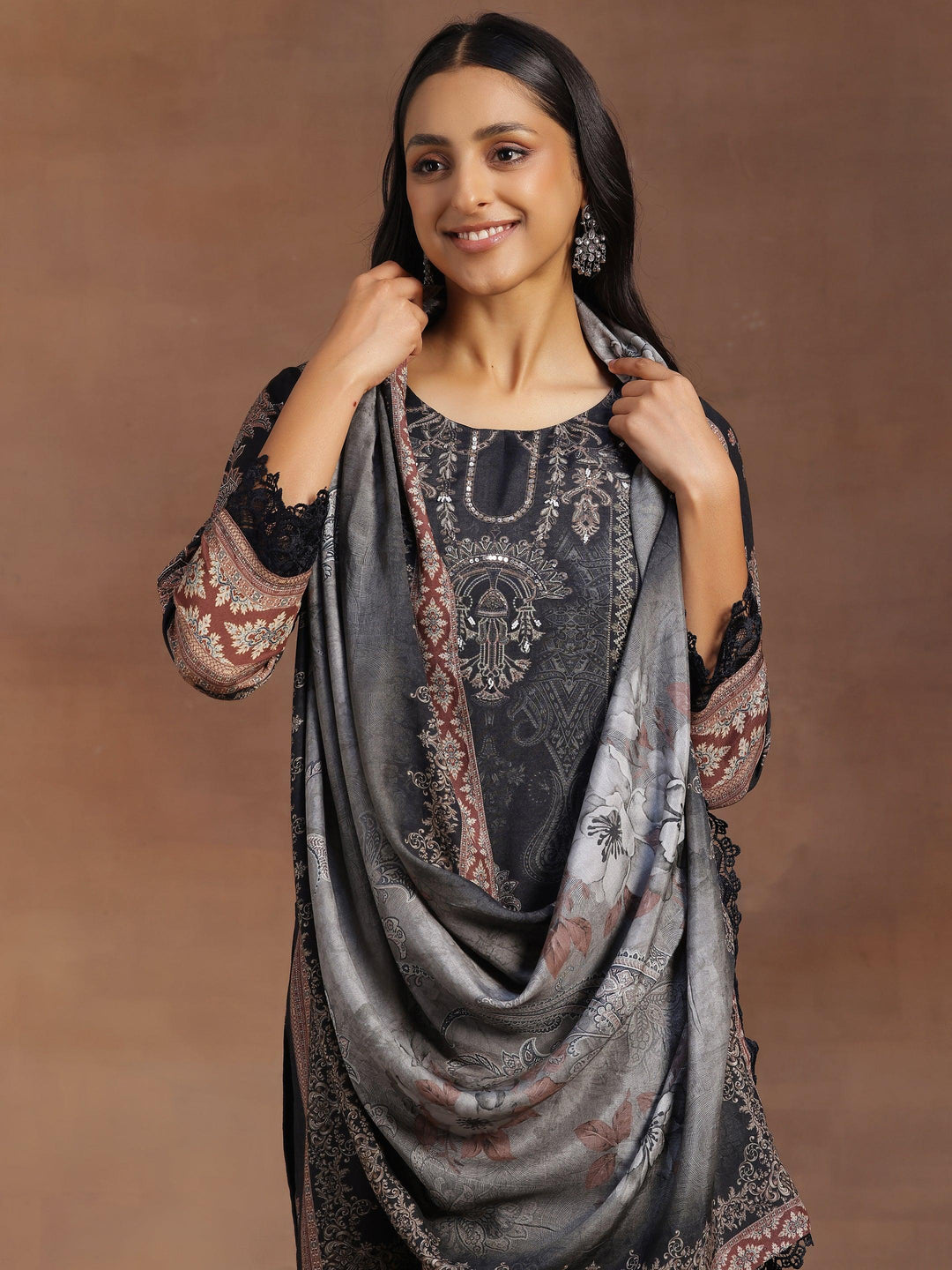 Grey Printed Silk Blend Straight Suit With Dupatta - Libas