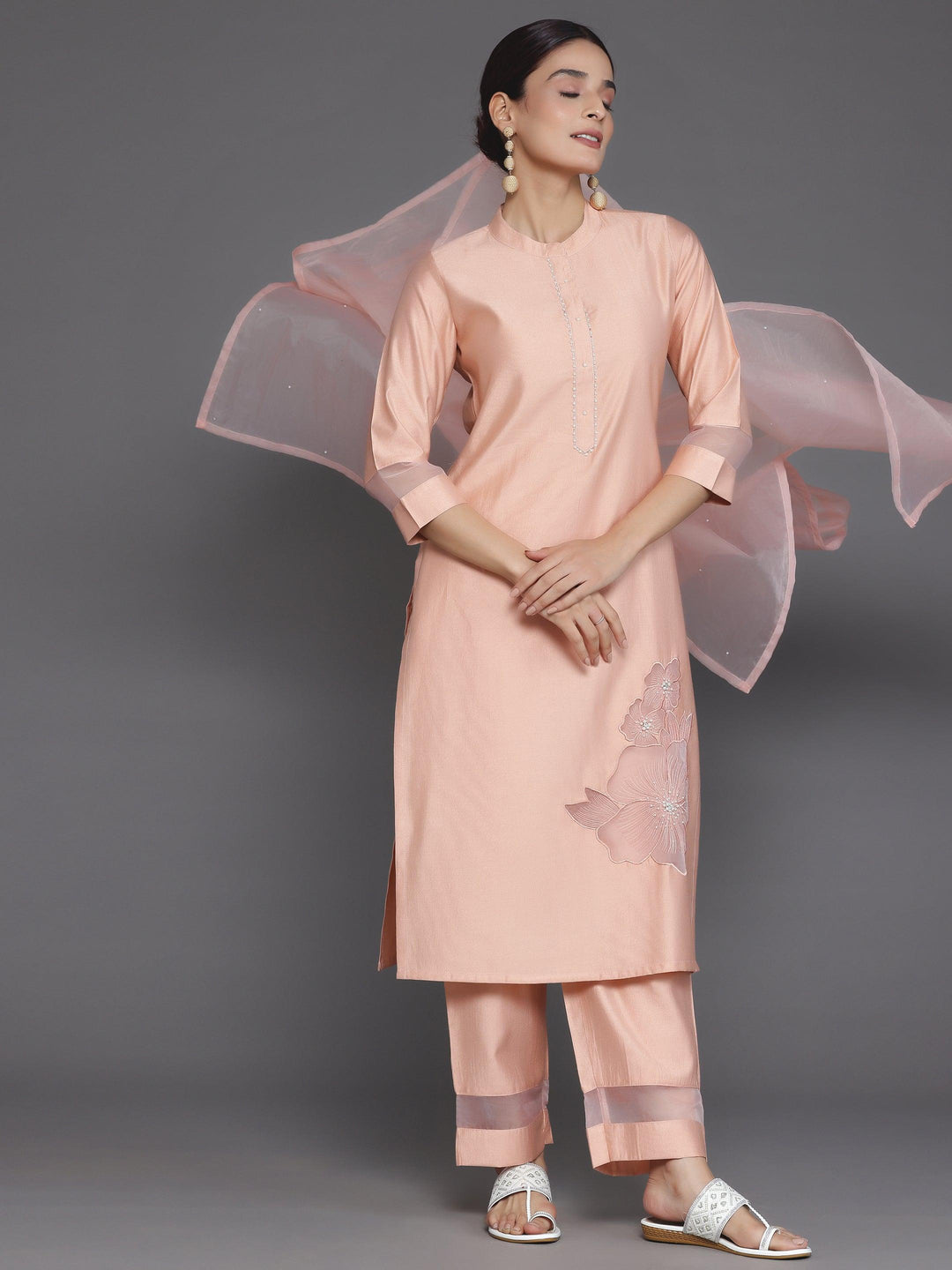 Peach Solid Silk Blend Straight Suit With Dupatta - Libas