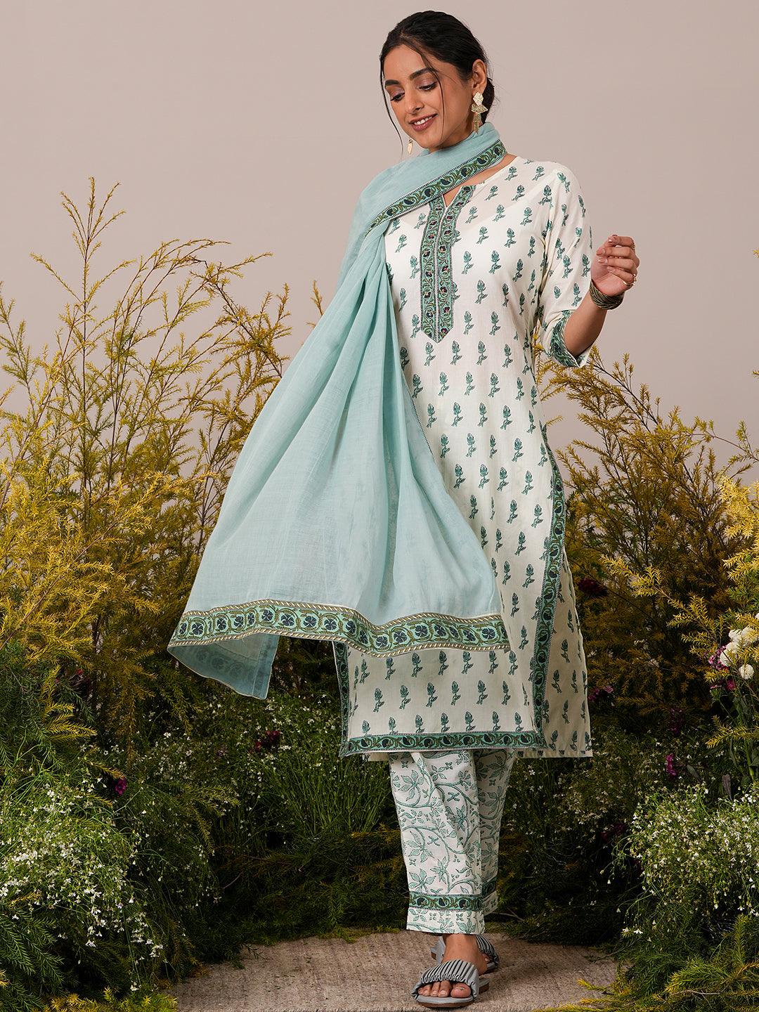 Off White Printed Cotton Straight Suit With Dupatta - Libas