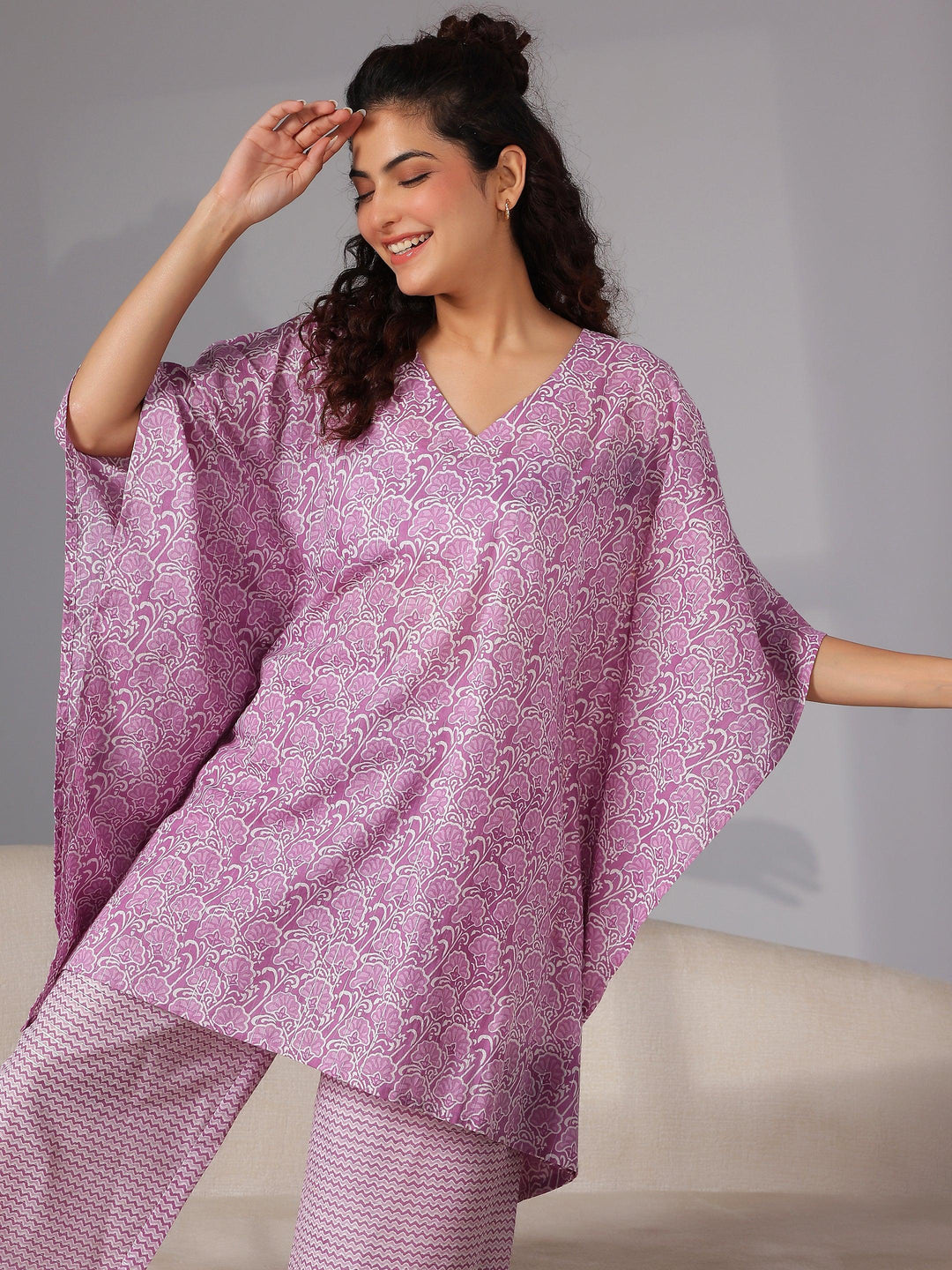 Purple Printed Cotton Night Suits - Libas 