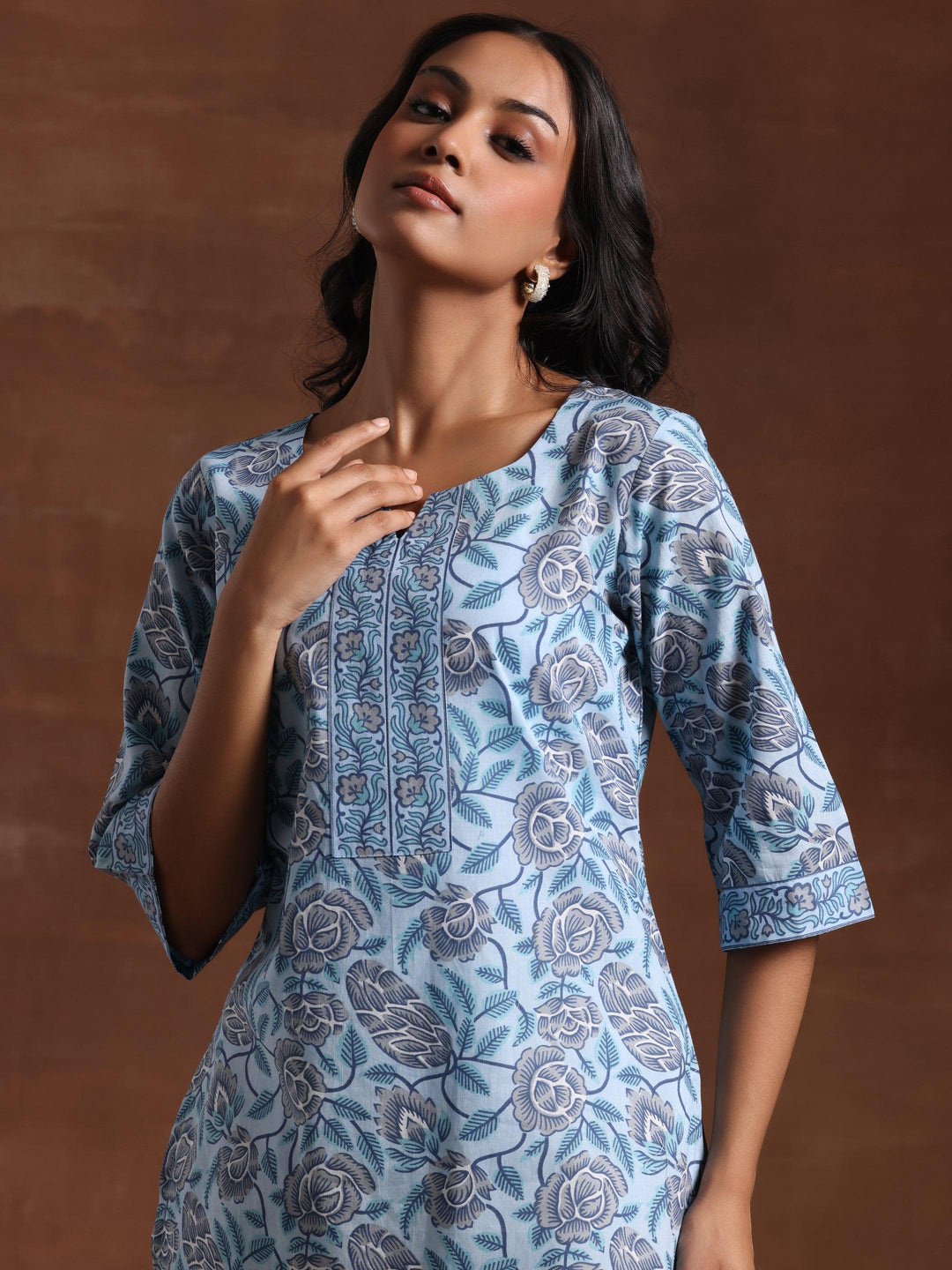 Blue Printed Cotton Straight Kurti - Libas