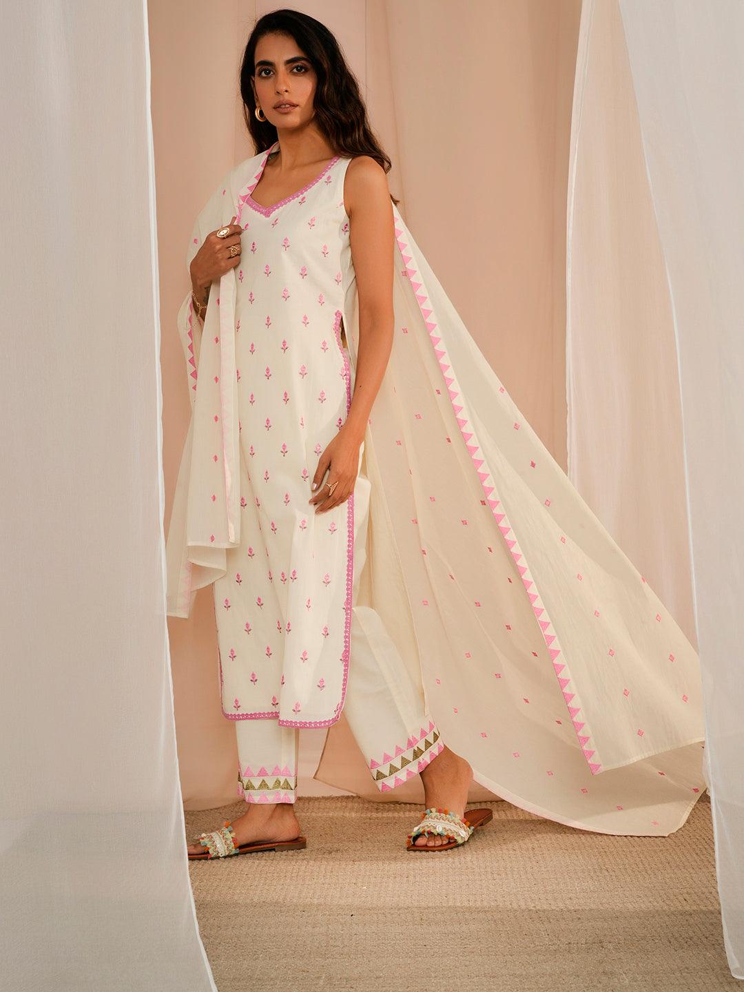 Off White Embroidered Cotton Straight Suit With Dupatta - Libas 