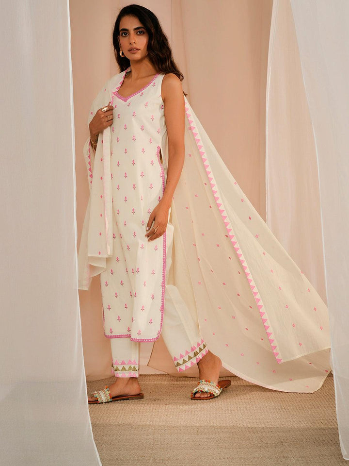 Off White Embroidered Cotton Straight Suit With Dupatta - Libas