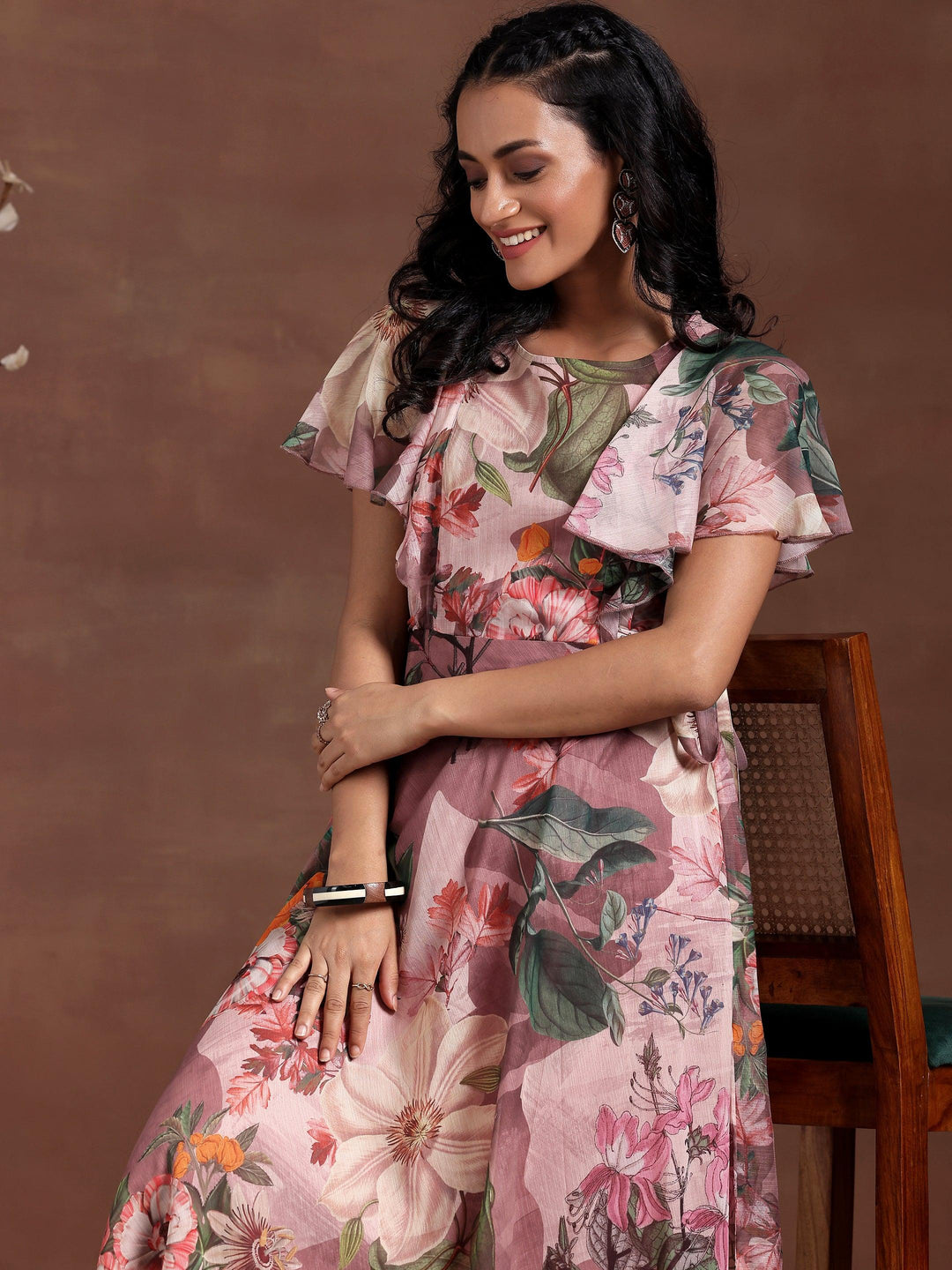 Mauve Printed Chiffon A-Line Dress With Belt - Libas 