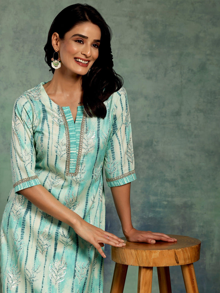 Blue Printed Rayon Straight Kurta Set - Libas