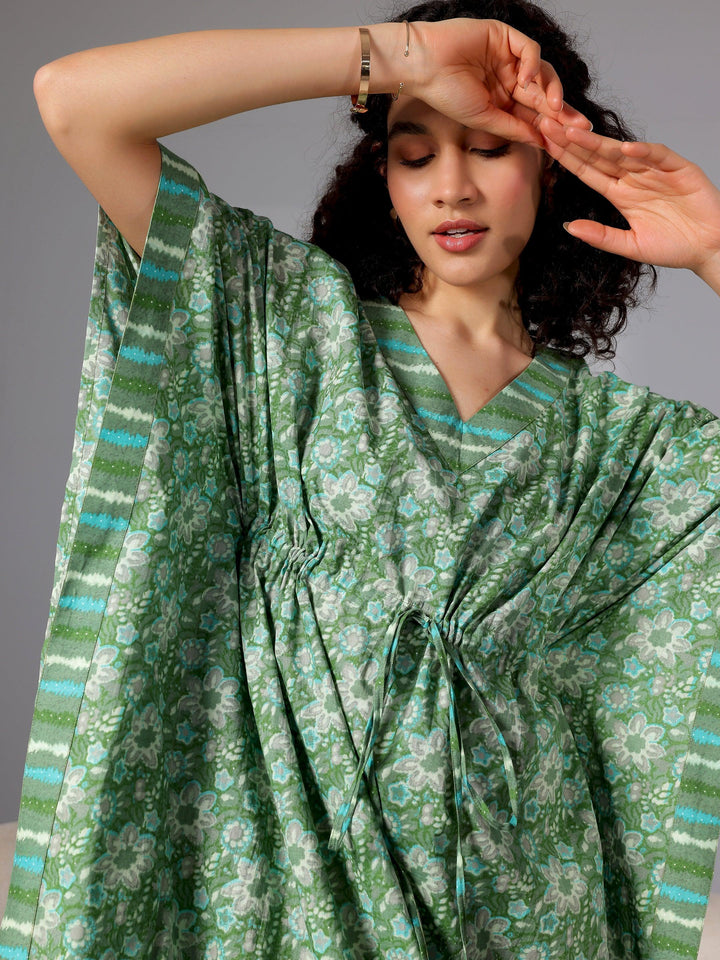 Green Printed Cotton Kaftan Night Dress - Libas