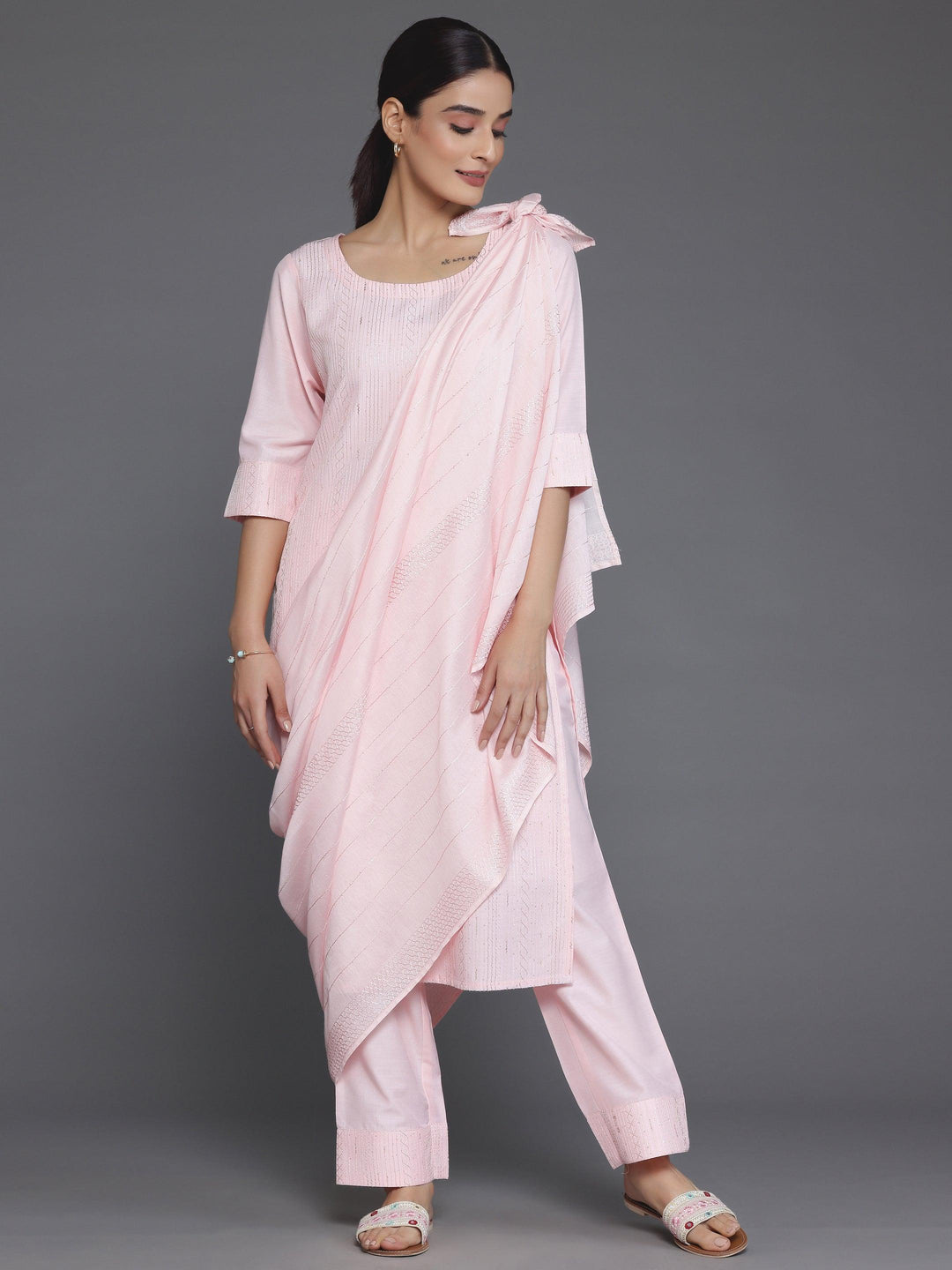 Peach Self Design Silk Blend Straight Suit With Dupatta - Libas 