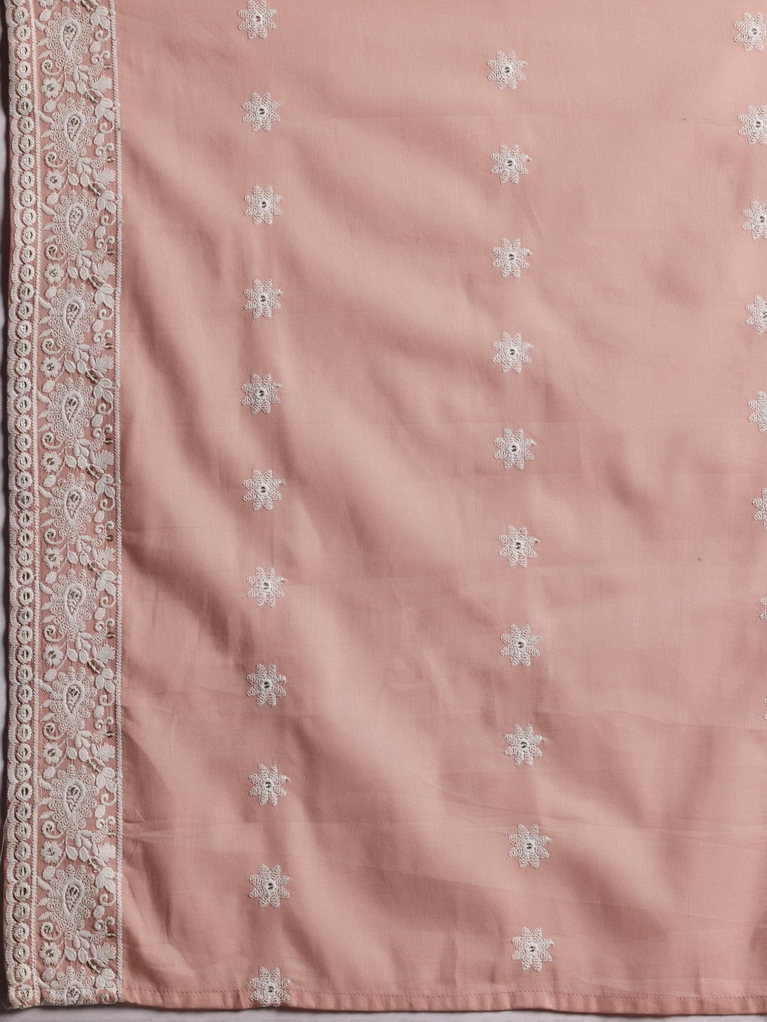 Peach Embroidered Cotton A-Line Kurta With Palazzos & Dupatta - Libas 