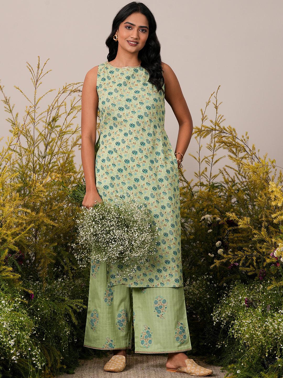 Green Printed Cotton Straight Kurta Set - Libas 